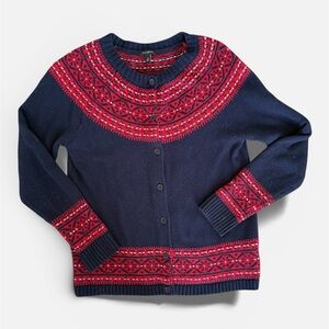 Talbots Fair Isle Lambswool Button Front Cardigan Women’s MED Navy Red Sweater